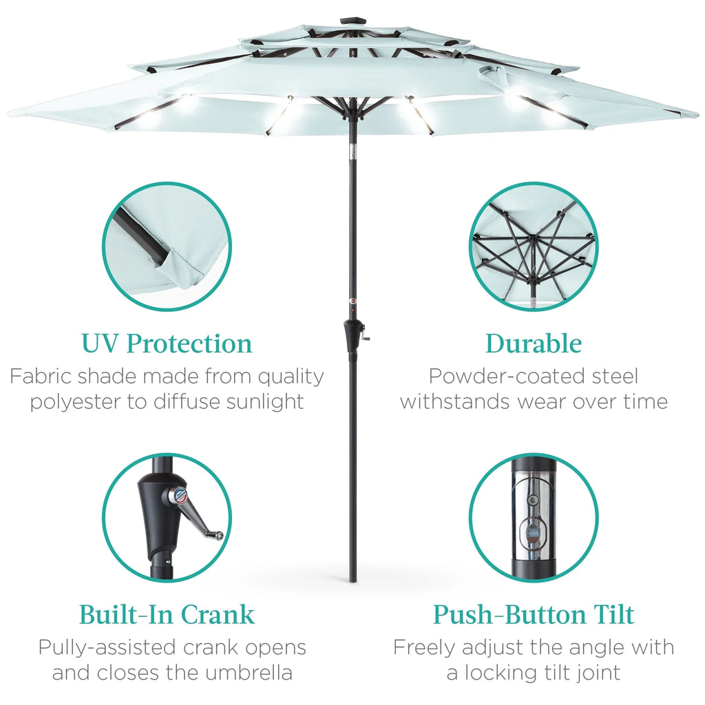 Best Choice Products 10ft 3-Tier Solar Patio Umbrella w/ 24 LED Lights, Tilt Adjustment, Easy Crank - Tan