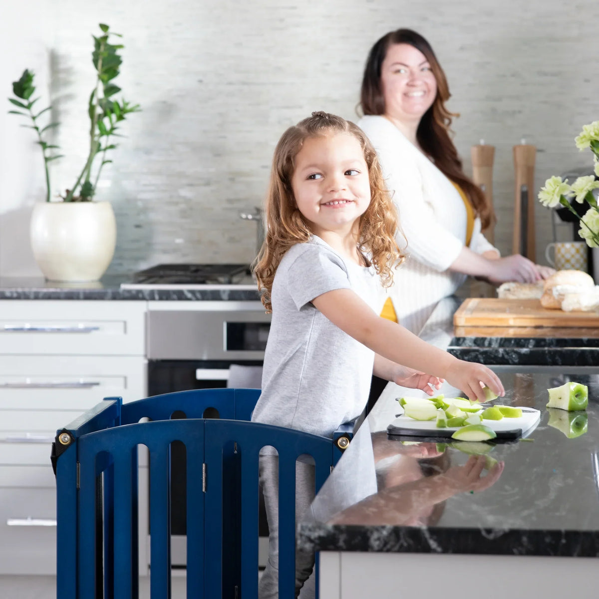 Guidecraft Contemporary Kitchen Helper Step Stool - White: Adjustable, Folding Montessori Toddler Tower - Safety Learning Furniture