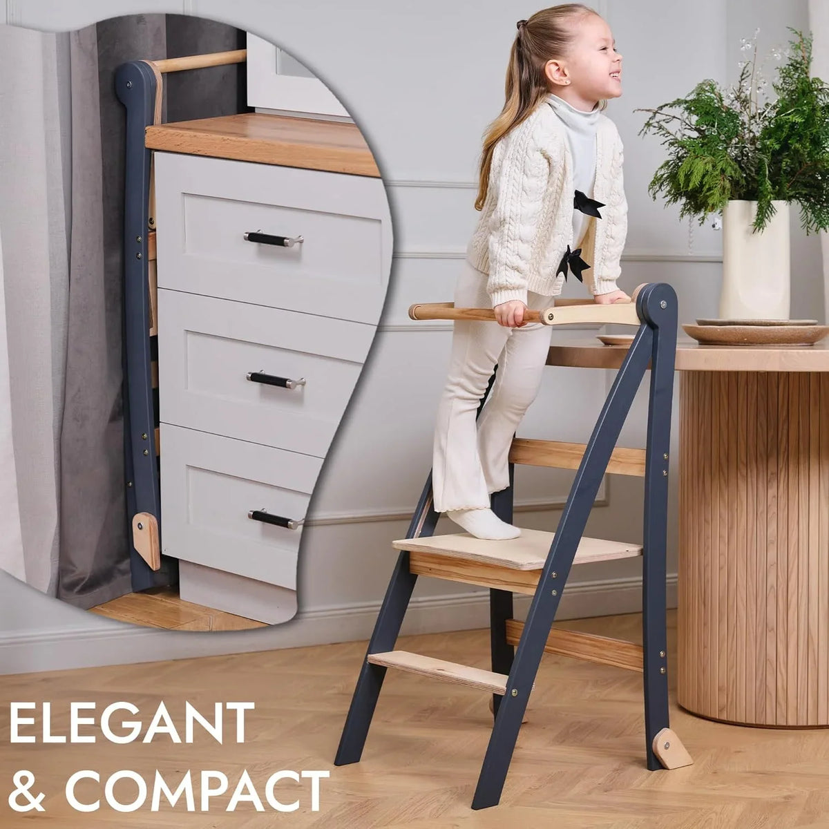 Folding Wooden Kitchen Standing Stool for Toddlers �C Safe & Compact Learning Step Stool, Ages 18 Months+