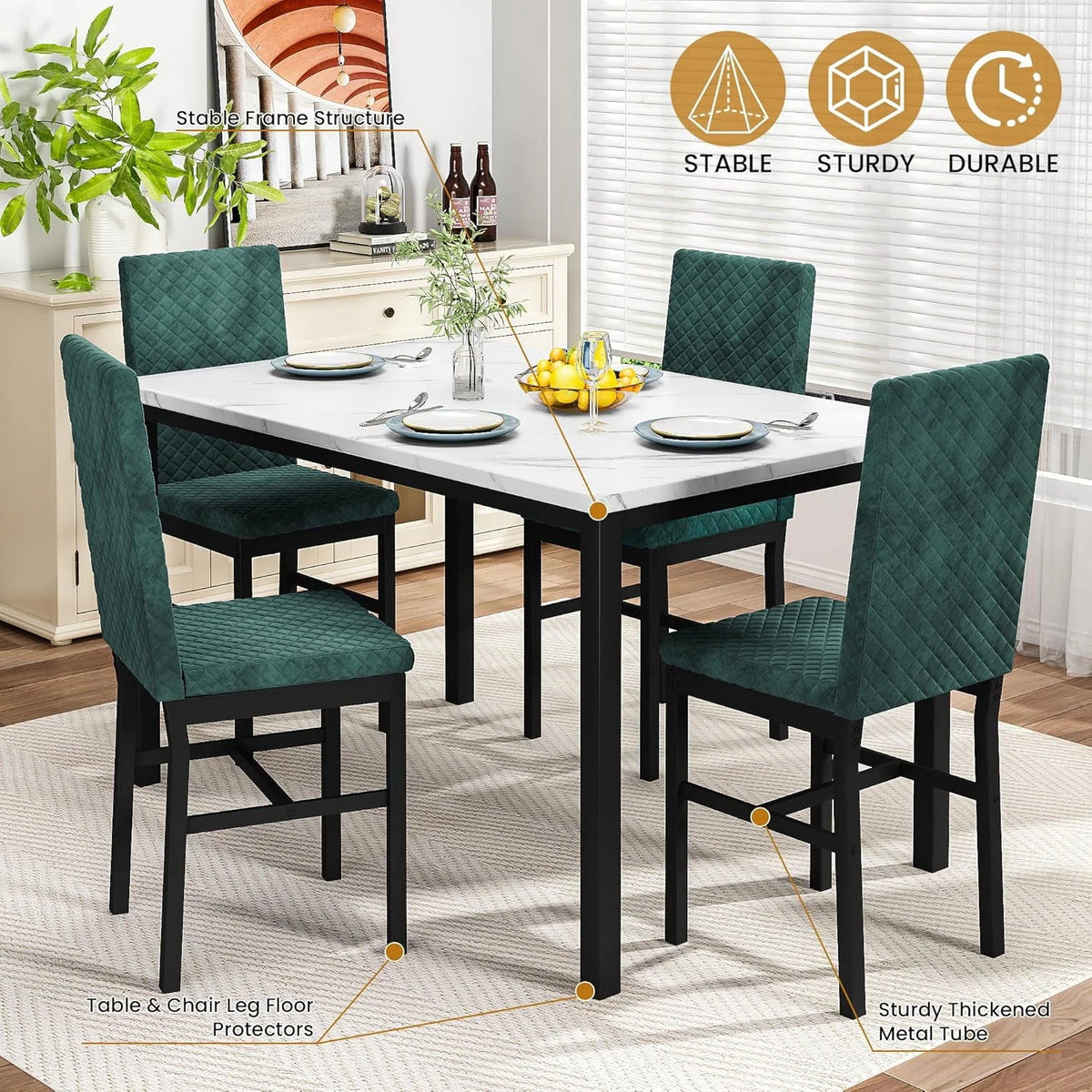 Baxluxe Dining Table Set for 4, Modern 5 Piece Dining Table Set, Faux Marble Kitchen Table and 4 Velvet Upholstered Chairs for Apartments, Dining Rooms, Small Spaces, Gray
