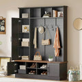Hall Tree with Bench and Shoe Storage, 3-in-1 Hall Tree with Coat Rack, Adjustable Shoe Storage, 6 Hooks, 3 Cabinets, 4 Open Compartments, for Hallway, Entryway, Bedroom, Black