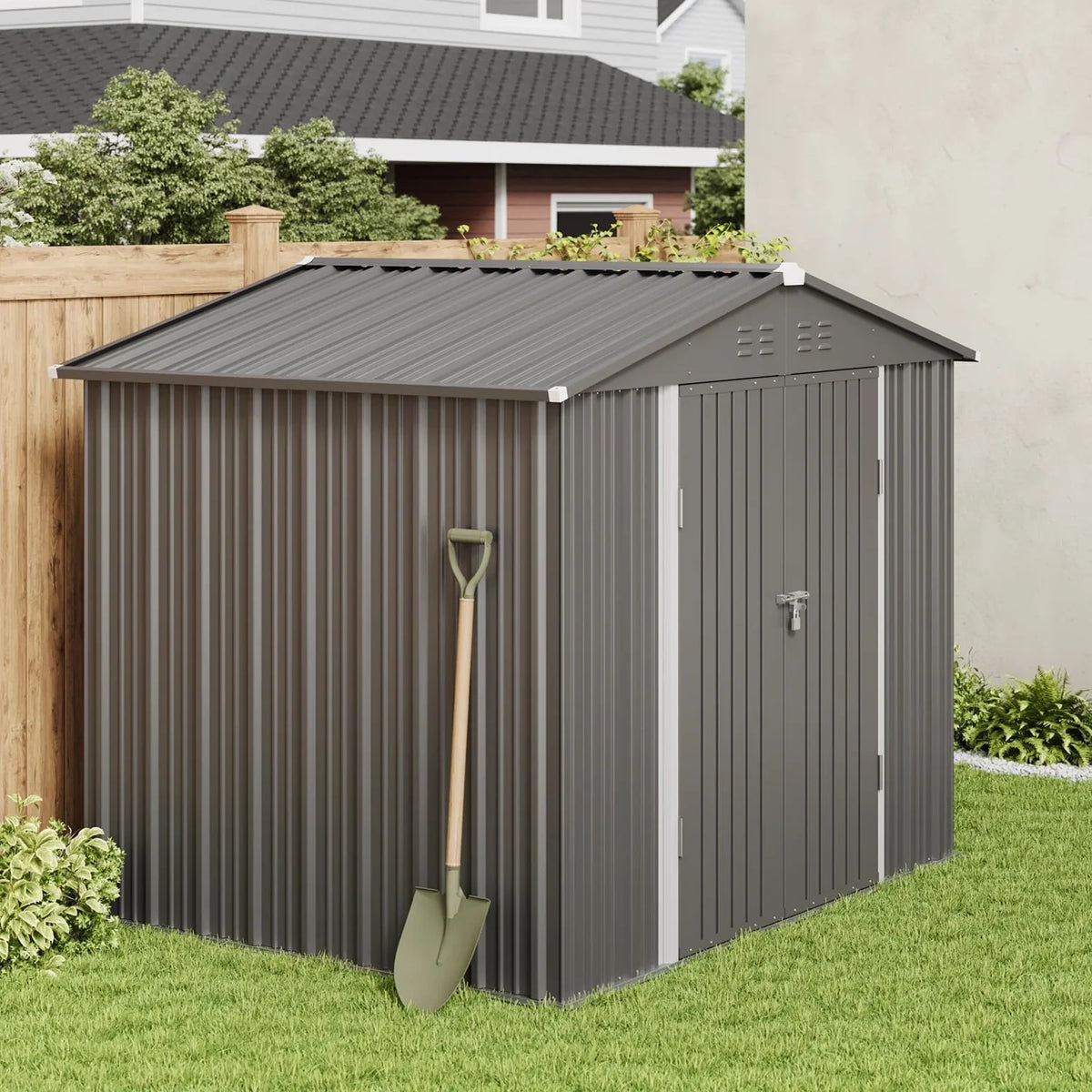 Asofer Outdoor Storage Shed 8 x 6 FT, Galvanized Metal Garden Shed with Double Lockable Doors for Backyard Patio Lawn-Green