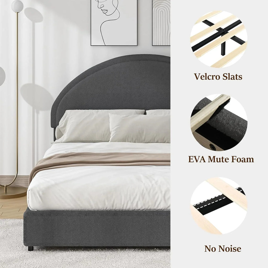 4 EVER WINNER Queen Size Bed Frame, Boucle Upholstered Bed Frame with Headboard, White Queen Bed Frame, White