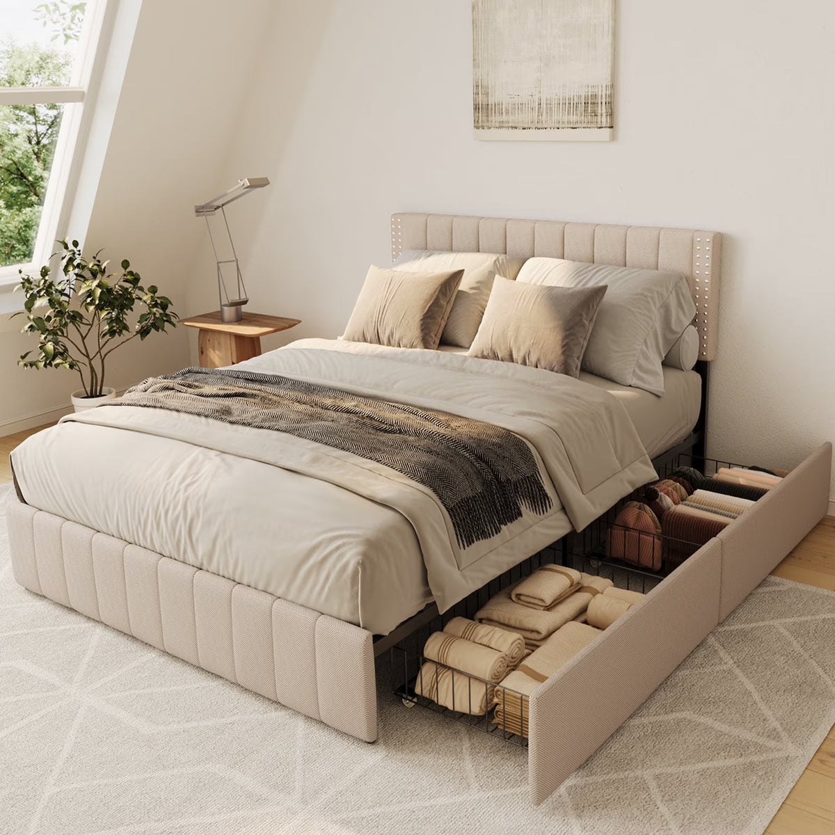 Lofka Queen Bed Frame with Headboard, Upholstered Platform Bed with Headboard, No Box Spring Needed/Easy Assembly, Beige