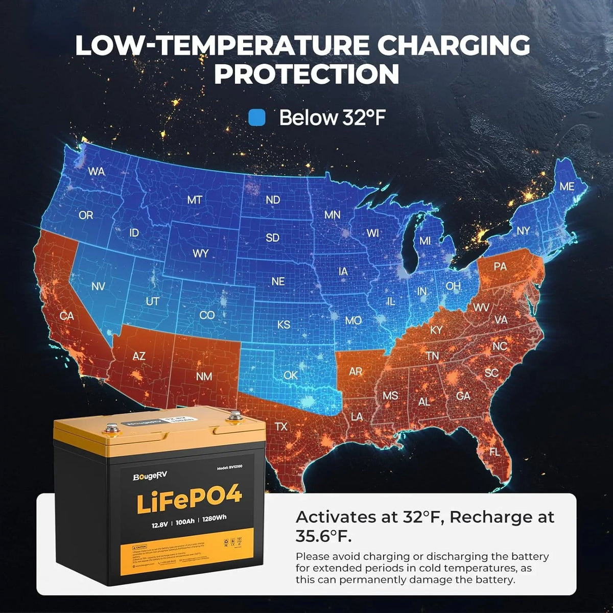 BougeRV 12V 100Ah Group 24 LiFePO4 Battery, Low-temp Cut-off 100A BMS 1280Wh Deep Cycle Battery for RV, Marine, Trolling Motor, Solar Backup Power