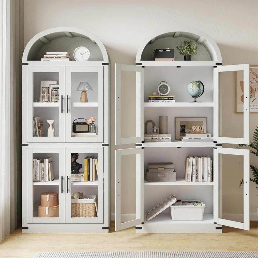 AOILE 72" Tall Arched Farmhouse Bookcase with Doors, Wooden Display Cabinet with Storage Shelves