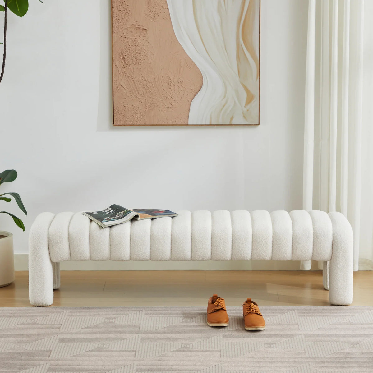 Zesthouse 63" End of Bed Bench, Linen Tufted Upholstered Ottoman Bench with Padded Seat and Solid Wood Leg, Modern Entryway Bench for Bedroom, Living Room, Beige