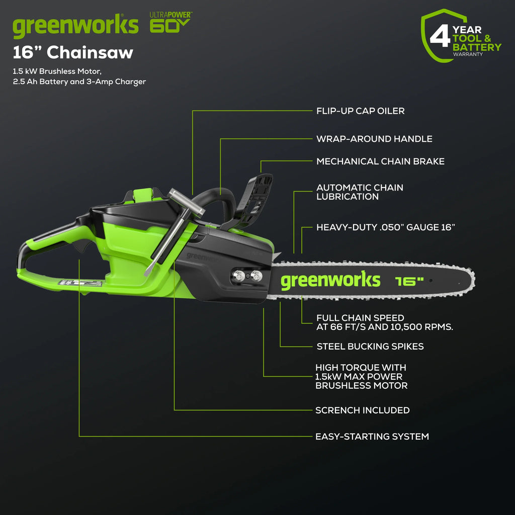 Greenworks 60V 16" 1.5kW Brushless Chainsaw with 2.5 Ah Battery & 3 Amp Charger 2028602