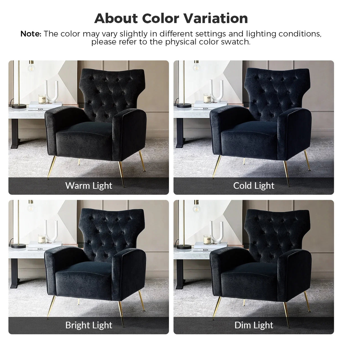 Modern Velvet Accent Chair Upholstered Sofa Armchair Button Tufted Metal Legs Adult Bedroom Home Living Room Grey