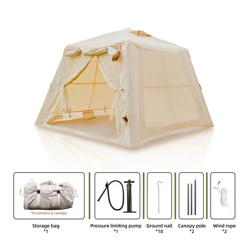 Beige 5.76 �O Inflatable Camping Tent (4-Season: Canopy+Hand Pump, 2-3 Person Waterproof Oxford, Easy Setup Glamping Tent)