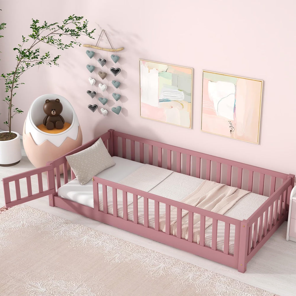 Bellemave Twin Size Floor Beds, Wood Montessori Bed with Fence Railings & Support Slats, No Box Spring Needed (Gray"