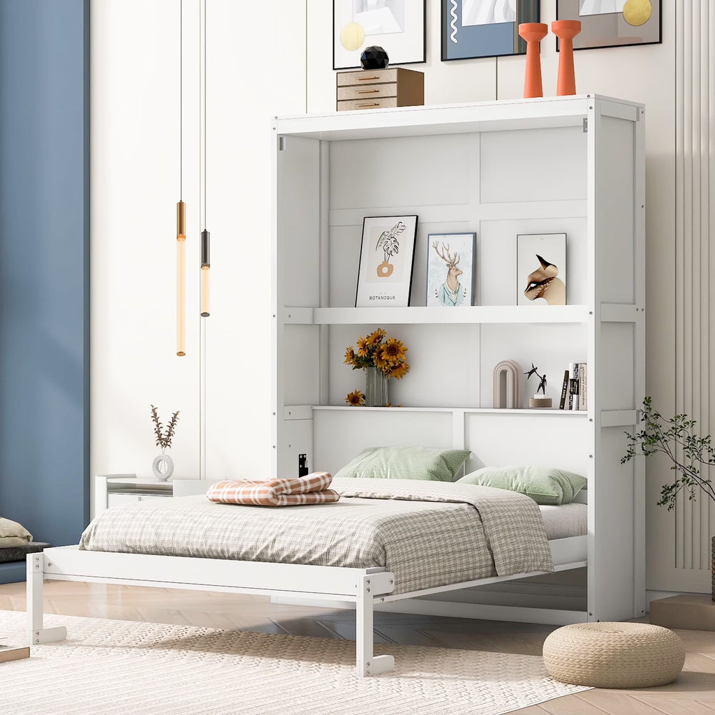 Harper & Bright Designs Full Size Murphy Bed with Shelves, Foldable Wall Bedframe w/Flexible Slats Support, Space-Saving Design, Can Be Folded Into Cabinet, White