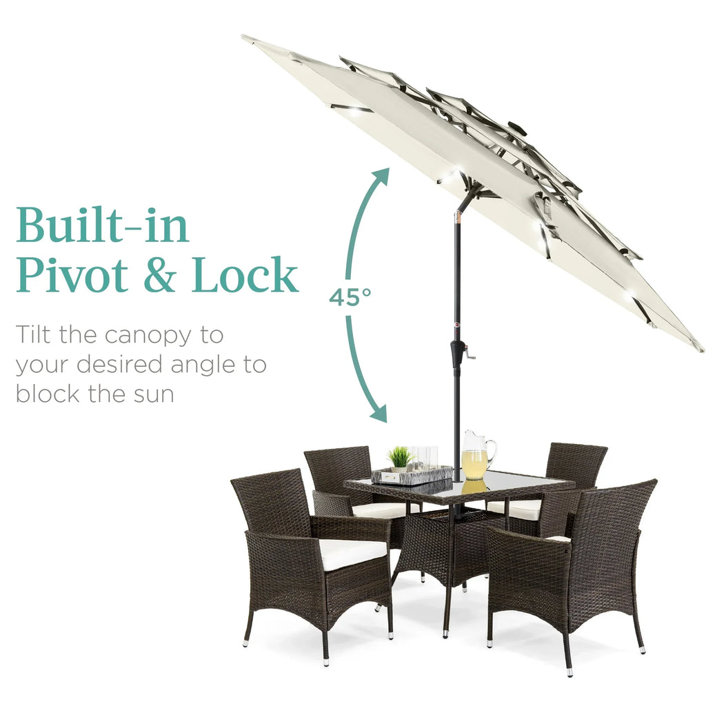 Best Choice Products 10ft 3-Tier Solar Patio Umbrella w/ 24 LED Lights, Tilt Adjustment, Easy Crank - Tan