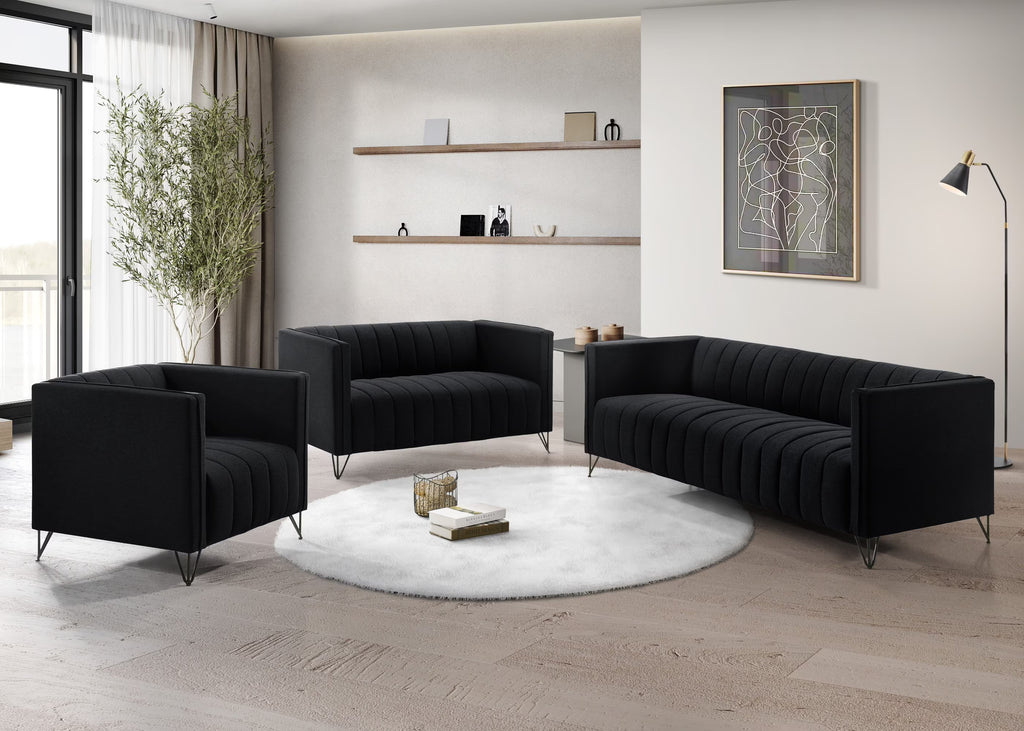 Home Design Kurtis Square Arm Loveseat with Tufted Velvet Upholstery and Gold Metal Legs, Flared Arms, Modern Living Room Seating, Black