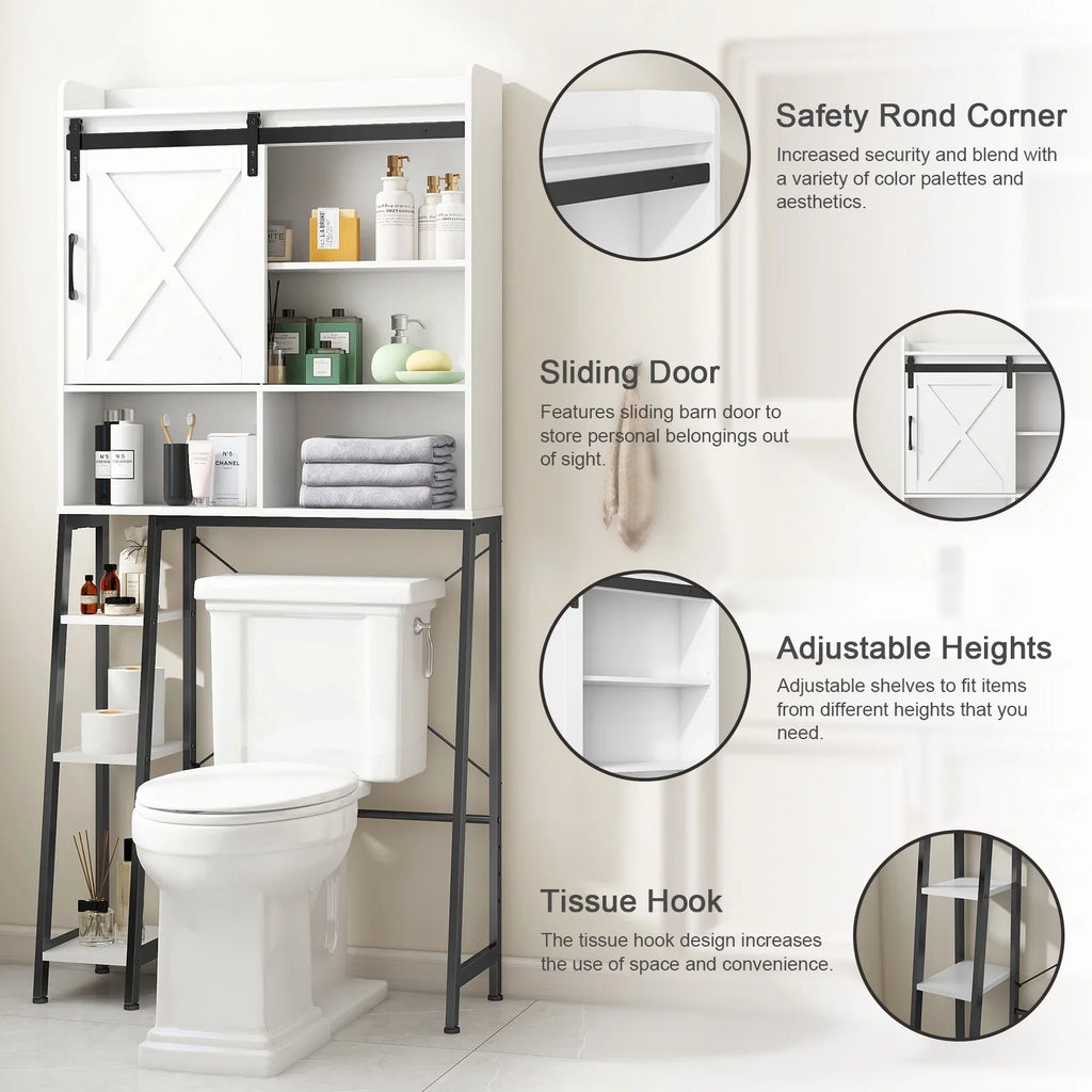Vabches Over The Toilet Storage Cabinet with Sliding Door and Integrated Toilet Paper Holder, Ideal for Bathrooms, Restrooms, and Laundry Rooms.