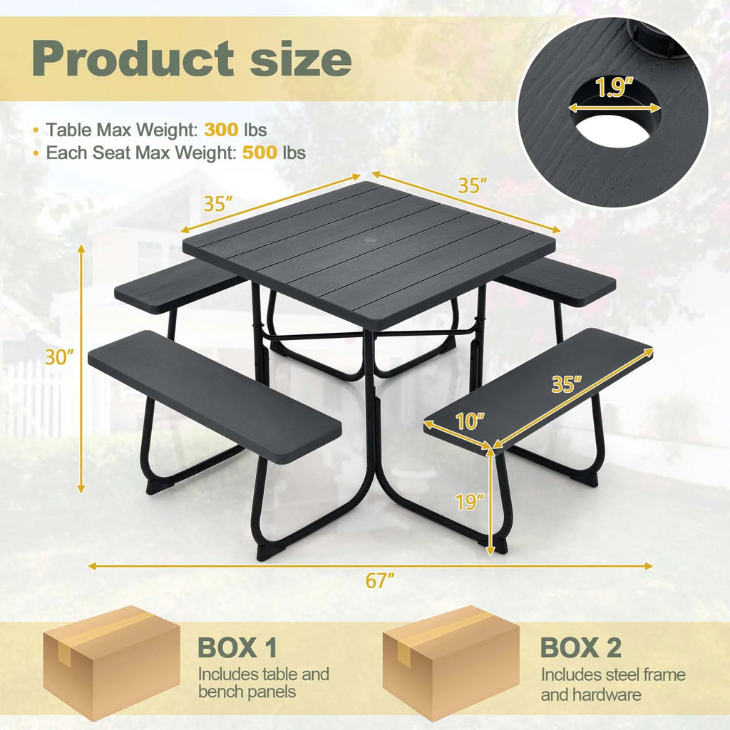 Costway Outdoor 8-person Square Picnic Table Bench Set with 4 Benches & Umbrella Hole White