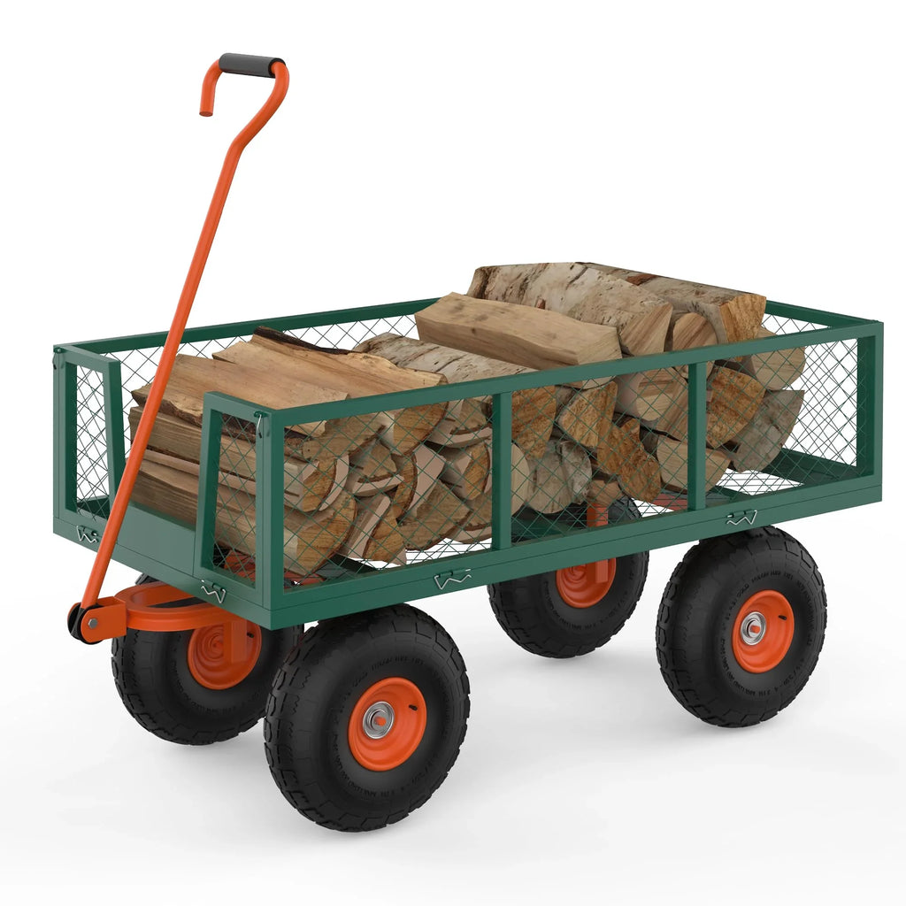 Heavy Duty Steel Garden Cart, Garden Wagon Cart on Wheels, Outdoor Metal Yard Utility Wagon Carts w/Adjustable Handle & Removable Sides(Convert to Flatbed)