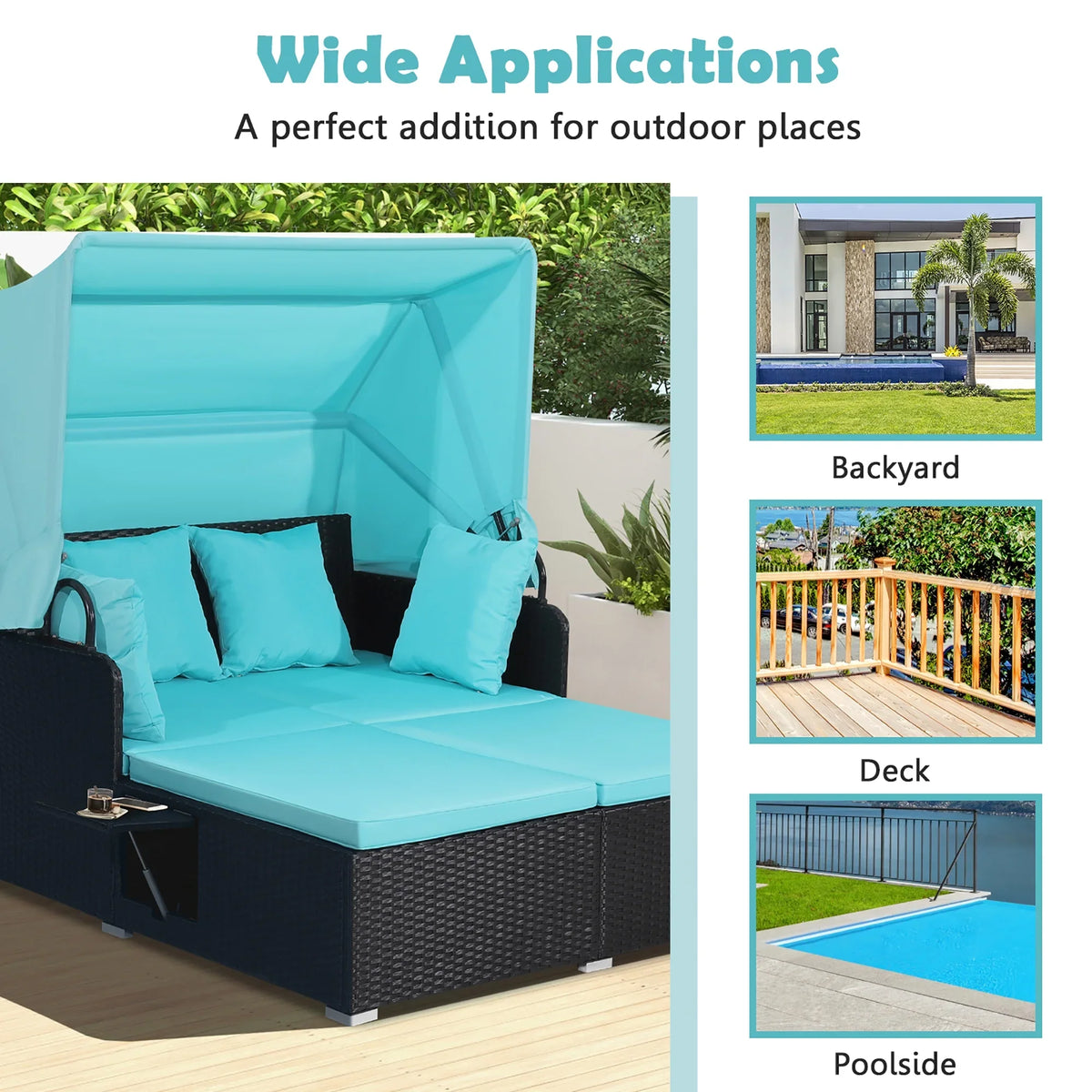 Costway Patio Rattan Daybed Lounge Retractable Top Canopy Side Tables Cushions Red