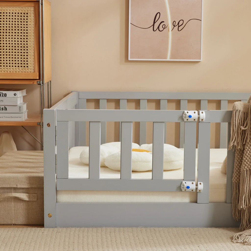 Ktaxon Montessori Twin Floor Bed with Safety Guardrails, Toddler Bed Frame for Kids, Wood Frame - Nature