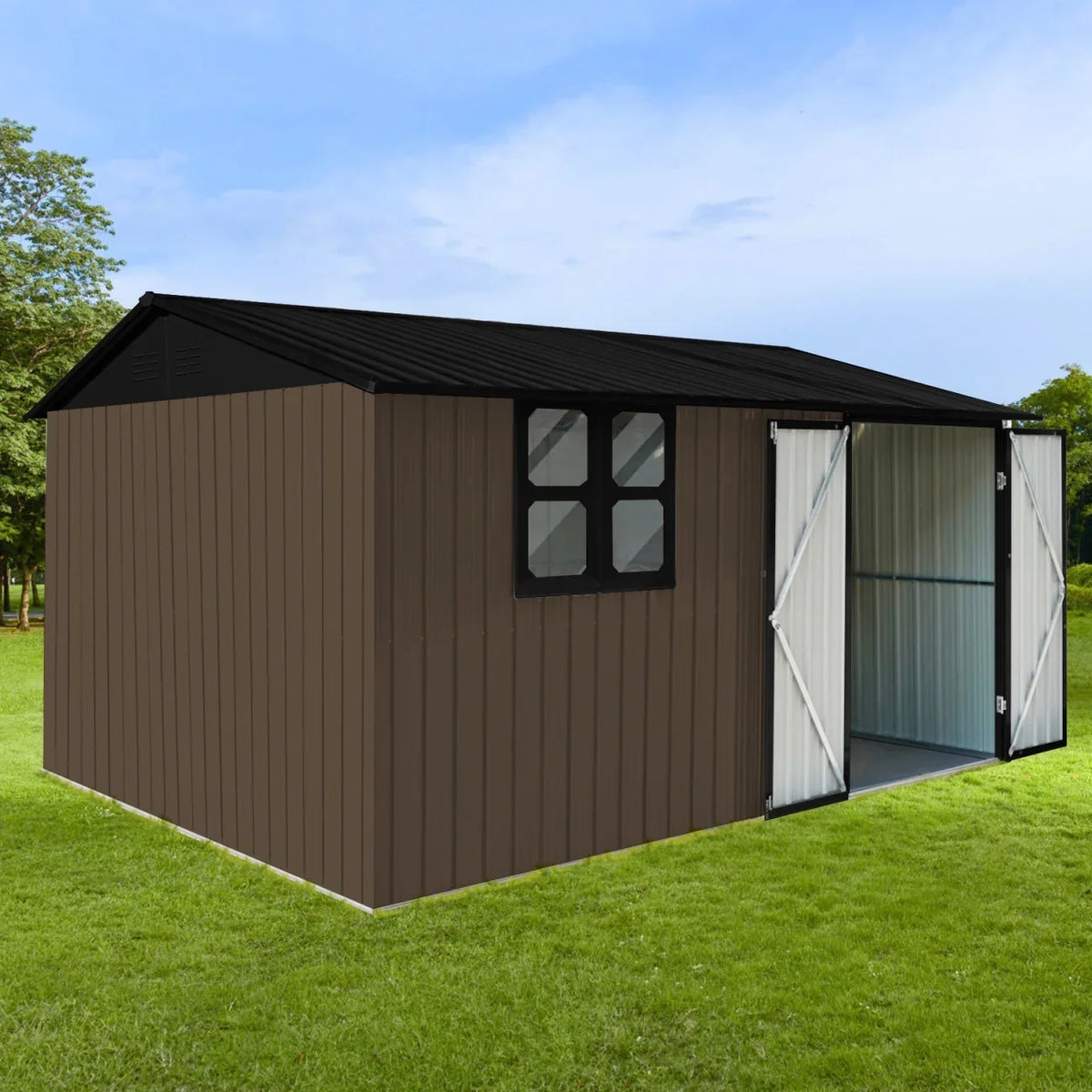 10x12 FT Outdoor Storage Shed, Metal Garden Tool Shed with Vents, Window and Bulit-in Hooks, Waterproof Organization for Home/Backyard/Garden Tools/Lawn Storage, Yellow+White