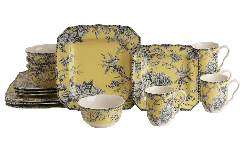 222 Fifth Adelaide Round 16-Piece Porcelain Dinnerware Set, Black Toile