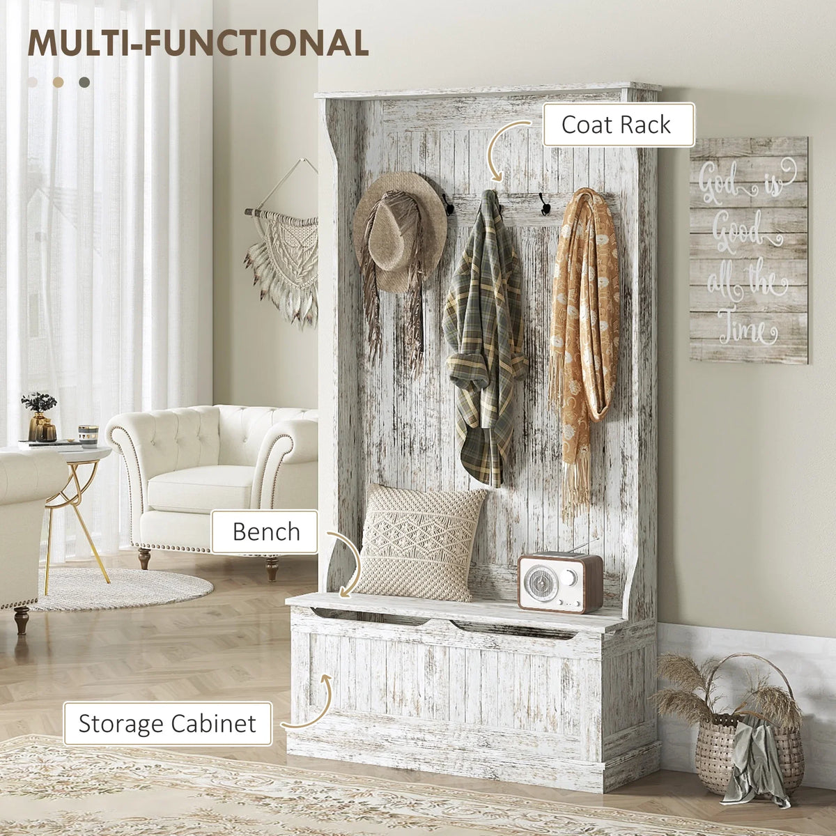 HOMCOM 3-In-1 Hall Tree Storage Bench and Coat Rack with 5 Steel Double Hooks, and Anti-Topple Anchor for Entryway, Cream White