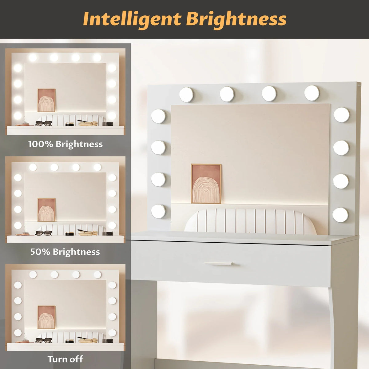 Vanity Table Set with Lighted Mirror,Makeup Vanity with Lights, Large Drawer Sturdy Wood Vanity, White