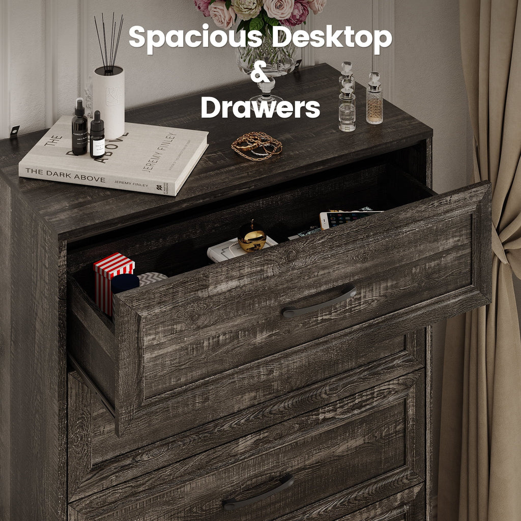 Vabches Farmhouse 5 Drawer Dresser with Metal Handle, Tall Wood Chest of Drawers for Living Room Bedroom,Dark Brown