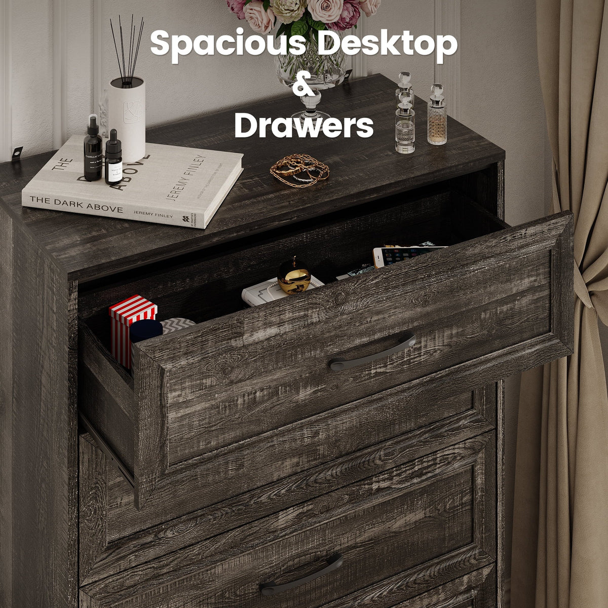 Vabches Farmhouse 5 Drawer Dresser with Metal Handle, Tall Wood Chest of Drawers for Living Room Bedroom,Dark Brown