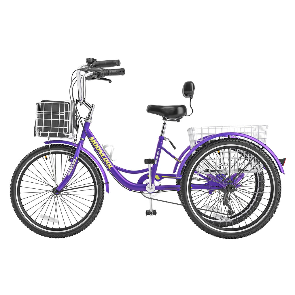 MOONCOOL Adult Tricycles with Rear Basket & Inflator, 24 26 inch 7 Speed 3 Wheel Bikes, Three-Wheeled Bicycles Adult Trike with Backrest for Seniors, Women, Men