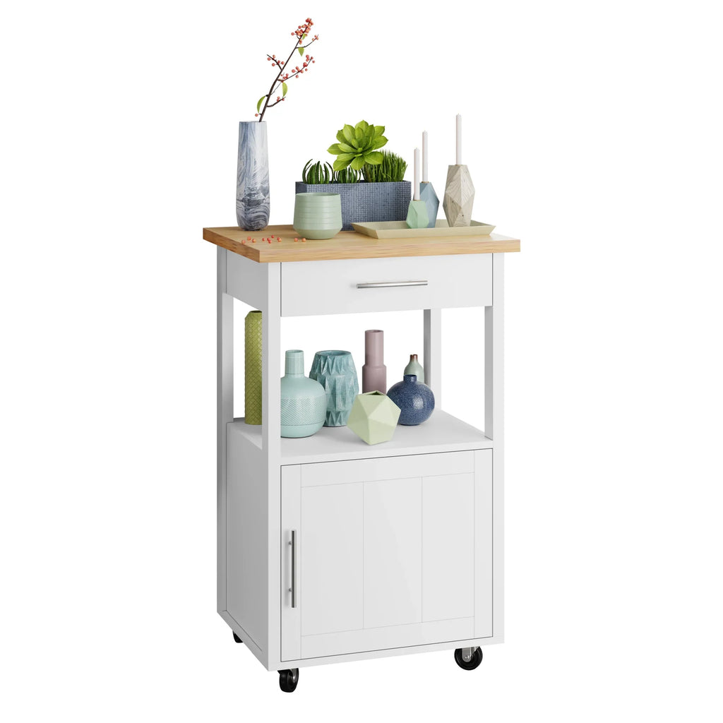 Walsunny Kitchen Island Table Stand with Storage on Wheels,Rolling Kitchen Cart Storage Cabinet with Drawer,White