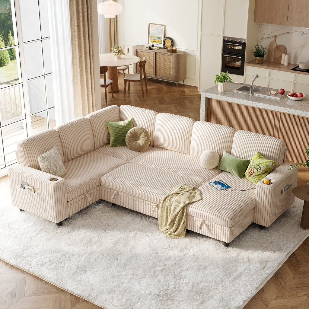 Linsy Home Storage Sectional Sleeper Sofa with Pull Out Bed, 9 Seat Modular Sectional Sofa with with USB & Cup Holder, Plush Corduroy Sectional Couches for Living Room, Green