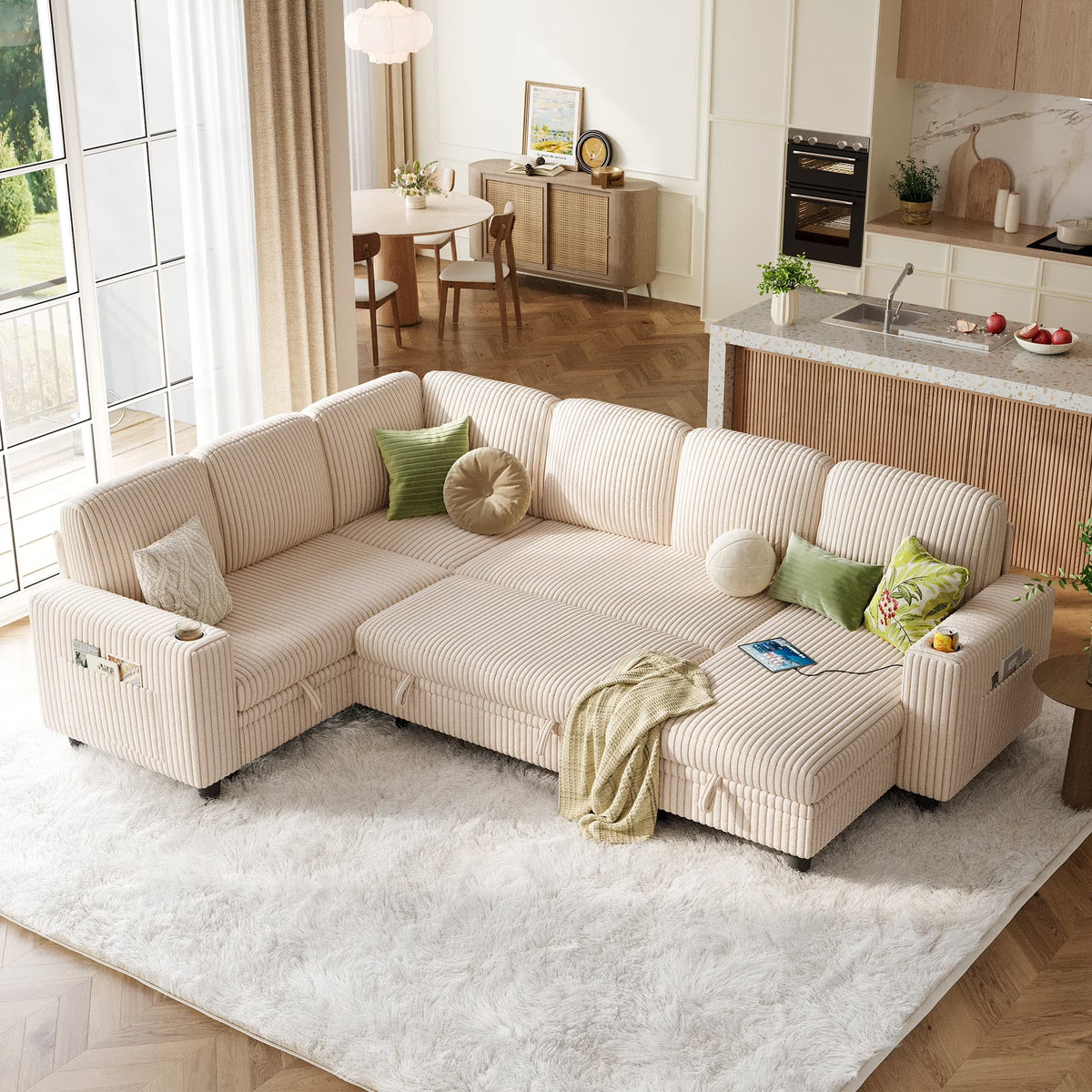Linsy Home Storage Sectional Sleeper Sofa with Pull Out Bed, 9 Seat Modular Sectional Sofa with with USB & Cup Holder, Plush Corduroy Sectional Couches for Living Room, Green