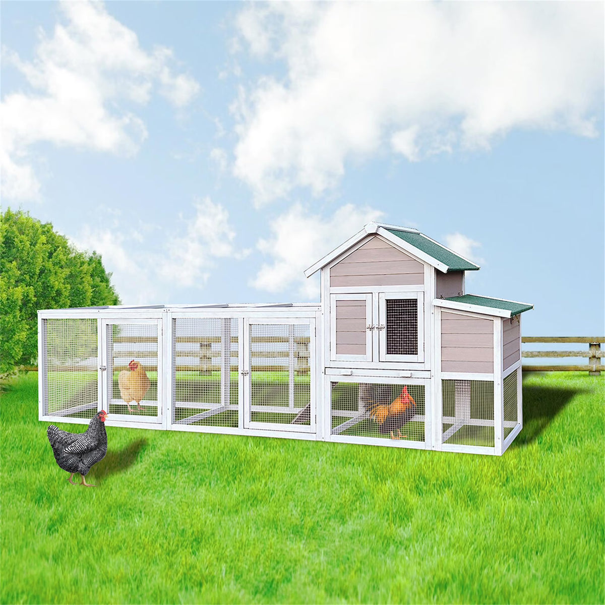 Pefilos 112" Large Rabbit Hutch Outdoor Wood Chicken Coop, Hen House with Nest Box, Wire Fence Poultry Cage, Orange