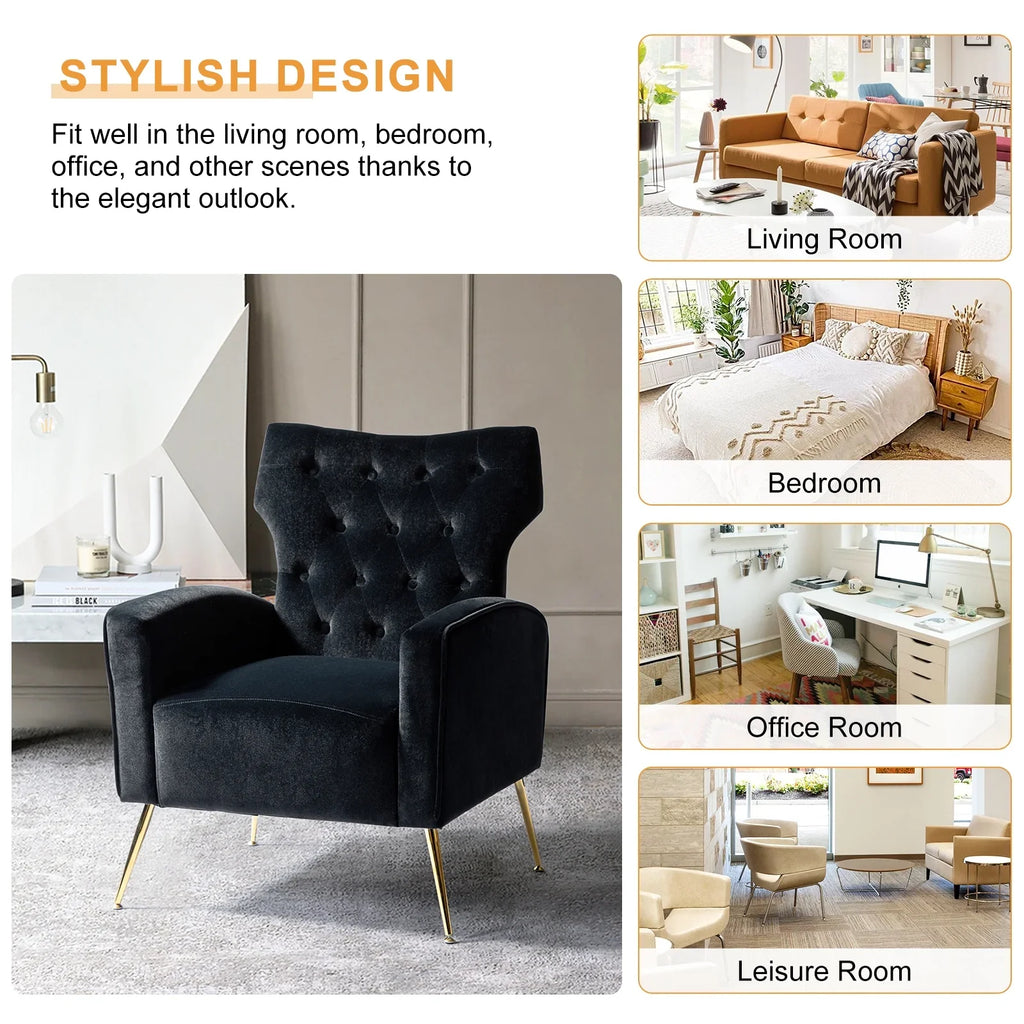 Modern Velvet Accent Chair Upholstered Sofa Armchair Button Tufted Metal Legs Adult Bedroom Home Living Room Grey