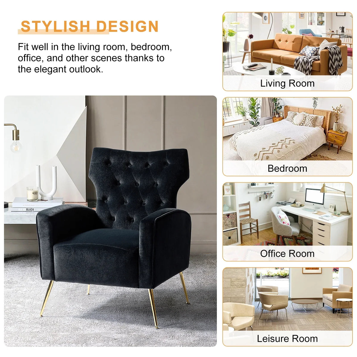 Modern Velvet Accent Chair Upholstered Sofa Armchair Button Tufted Metal Legs Adult Bedroom Home Living Room Grey