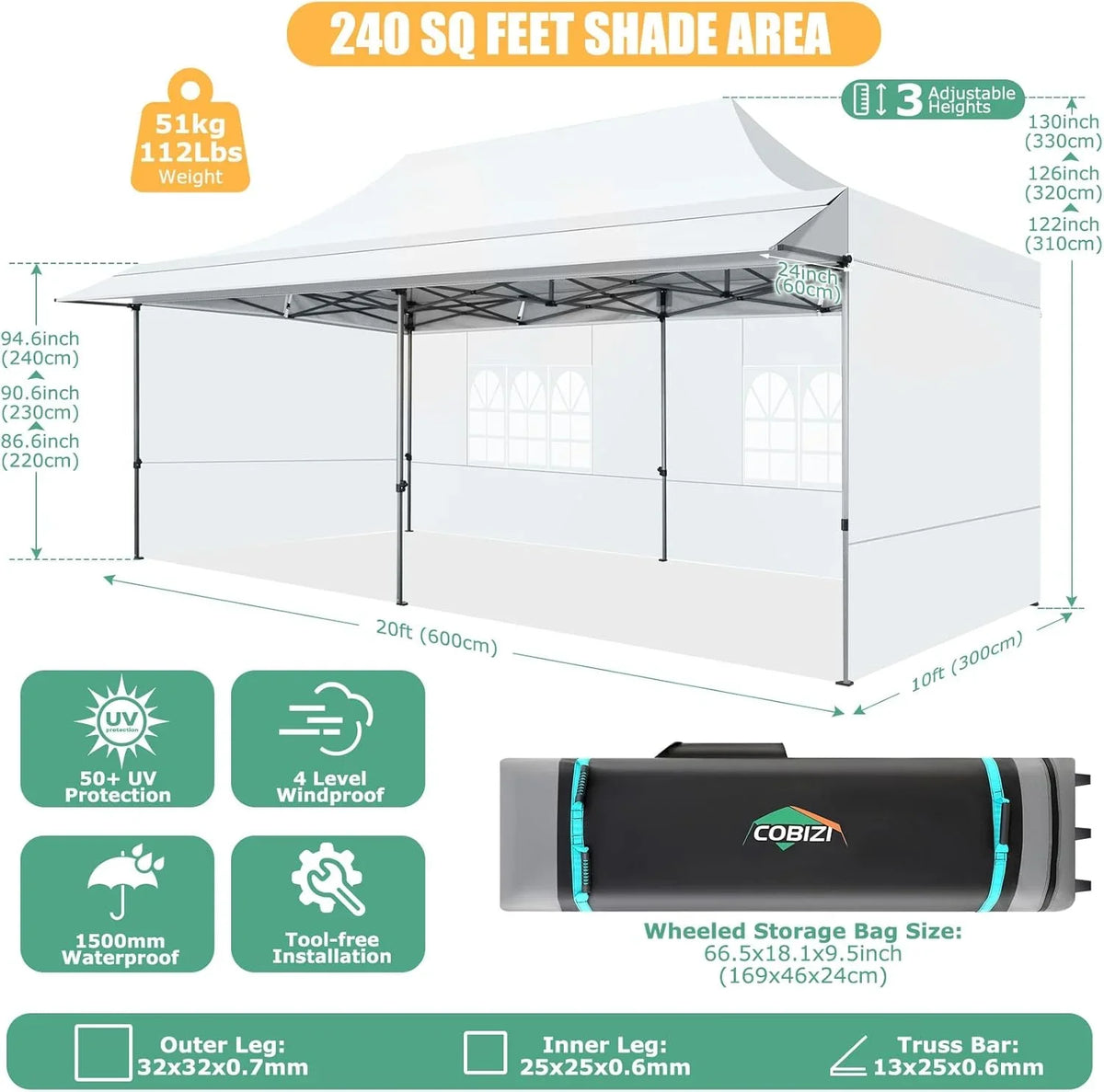 SANOPY 10x20 FT Pop Up Canopy Tent with Awning,Heavy Duty Canopy UPF 50+ All Season Wind Waterproof Commercial Outdoor Street Vendors Party Tents for Parties Canopy with Roller Bag