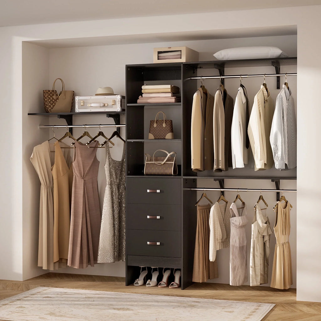 Homieasy 96 Inches Closet System, 8FT Walk In Closet Organizer with 3 Shelving Towers, Heavy Duty Clothes Rack with 3 Drawers, Built-In Garment Rack, 96" L x 16" W x 75" H, White