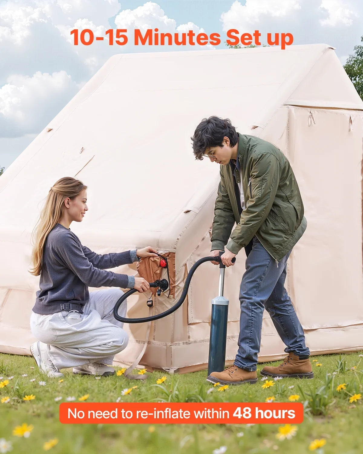 VEVOR Inflatable Tents for Camping, 5-8 Person Easy Setup Blow up Tent with Hand Pump, 300D Oxford Glamping Tent with Stove Jack 2 Doors & 4 Mesh Windows, Storage Bag Included for Easy Taking