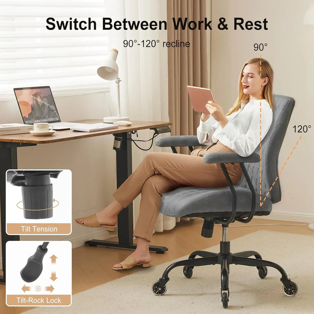 QW Home Office Desk Chair Office Rubber Casters Ergonomic Computer Chair with Lumbar Support Adjustable Height Rolling Swivel Executive Task Armrests Chair. Brown Leather