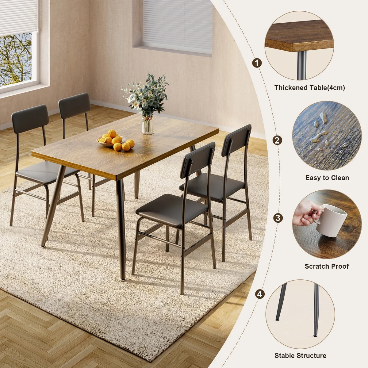 Dining Table Set for 4, Lofka 5 Piecs Kitchen Table and Chairs Set for Dining Room & Kitchen, Black