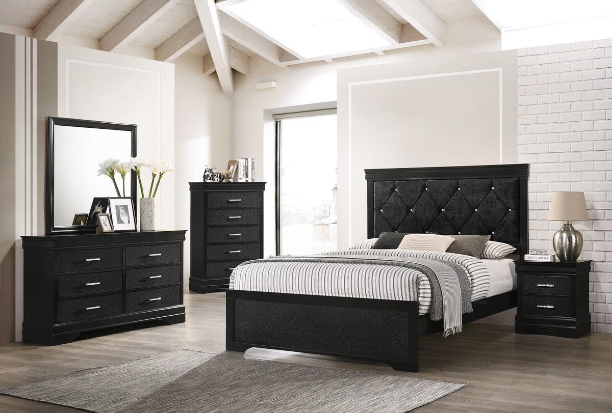 Modern 5pc Full Size Black Finish Upholstered Bed Set Solid Wood Storage Wooden Bedroom Furniture