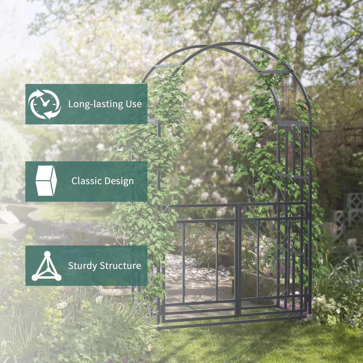 CoSoTower 81" Metal Garden Arbor with Double Doors, Locking Gate, Climbing Vine Frame with Heart Motifs, Arch for Wedding, Bridal Party Decoration, Grey