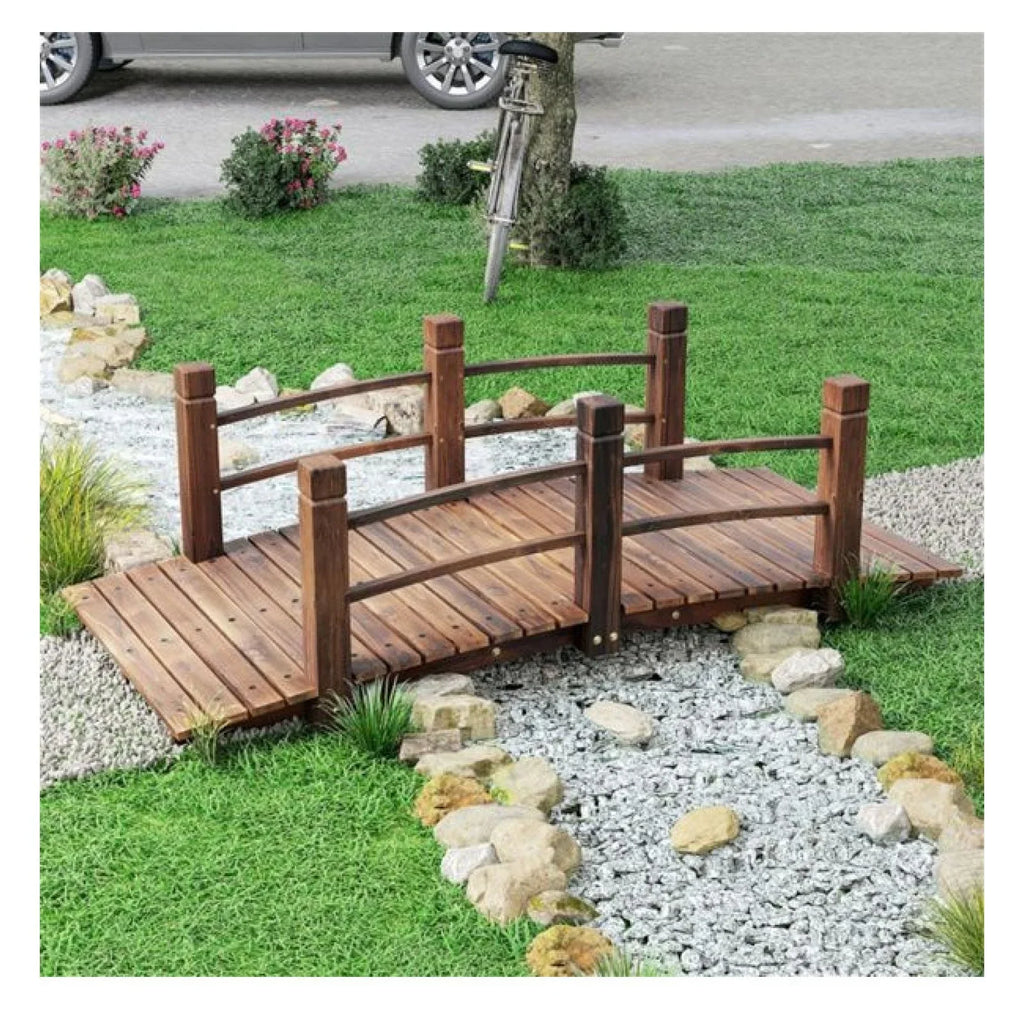 Wooden Garden Bridge Arc Footbridge 5ft - Stained Fir Wood Outdoor Decorative Bridge - Landscape Pathway Bridge with Rails - Garden Pond Bridge