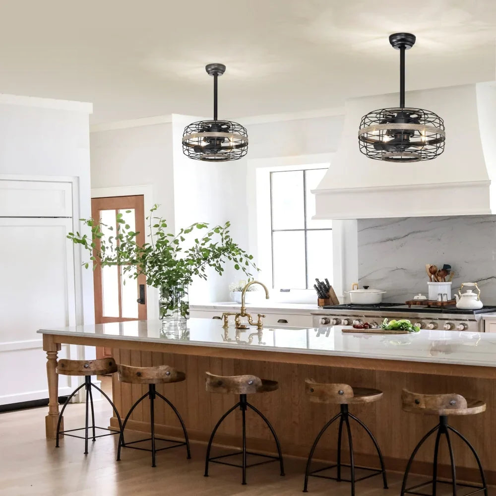 18'' Farmhouse Ceiling Fans Light - Caged Ceiling Fan with Remote Control (3-Speeds Adjustable), Wood Rustic Enclosed Reversible Ceiling Fans for Bedroom, Living Room, Kitchen.