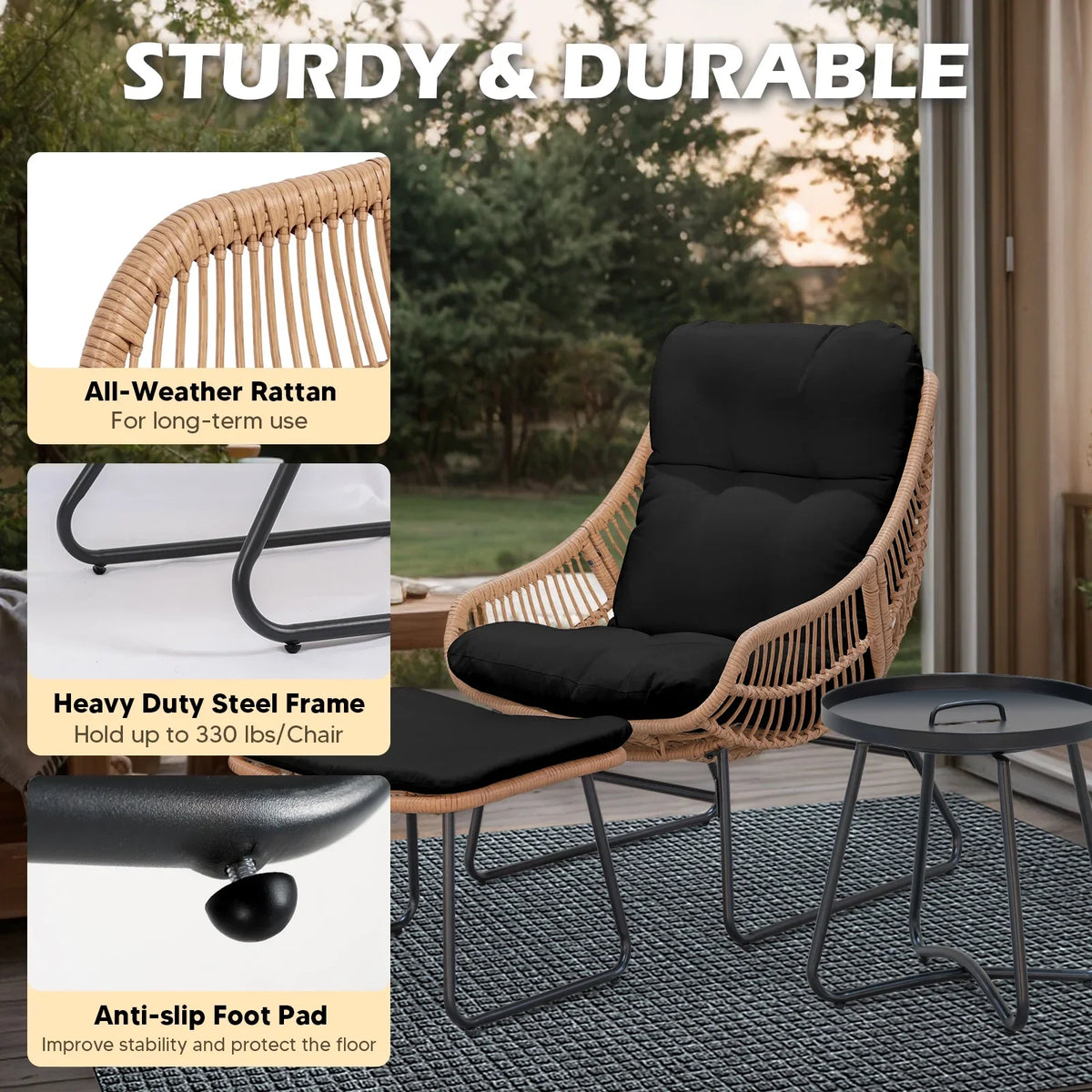 Tappio Wicker Papasan Egg Chair with Ottoman, Outdoor Patio Basket Lounge Chair Indoor Oversized Egg Lounger with Thick Cushion for Living Room Bedroom Balcony Porch, Black