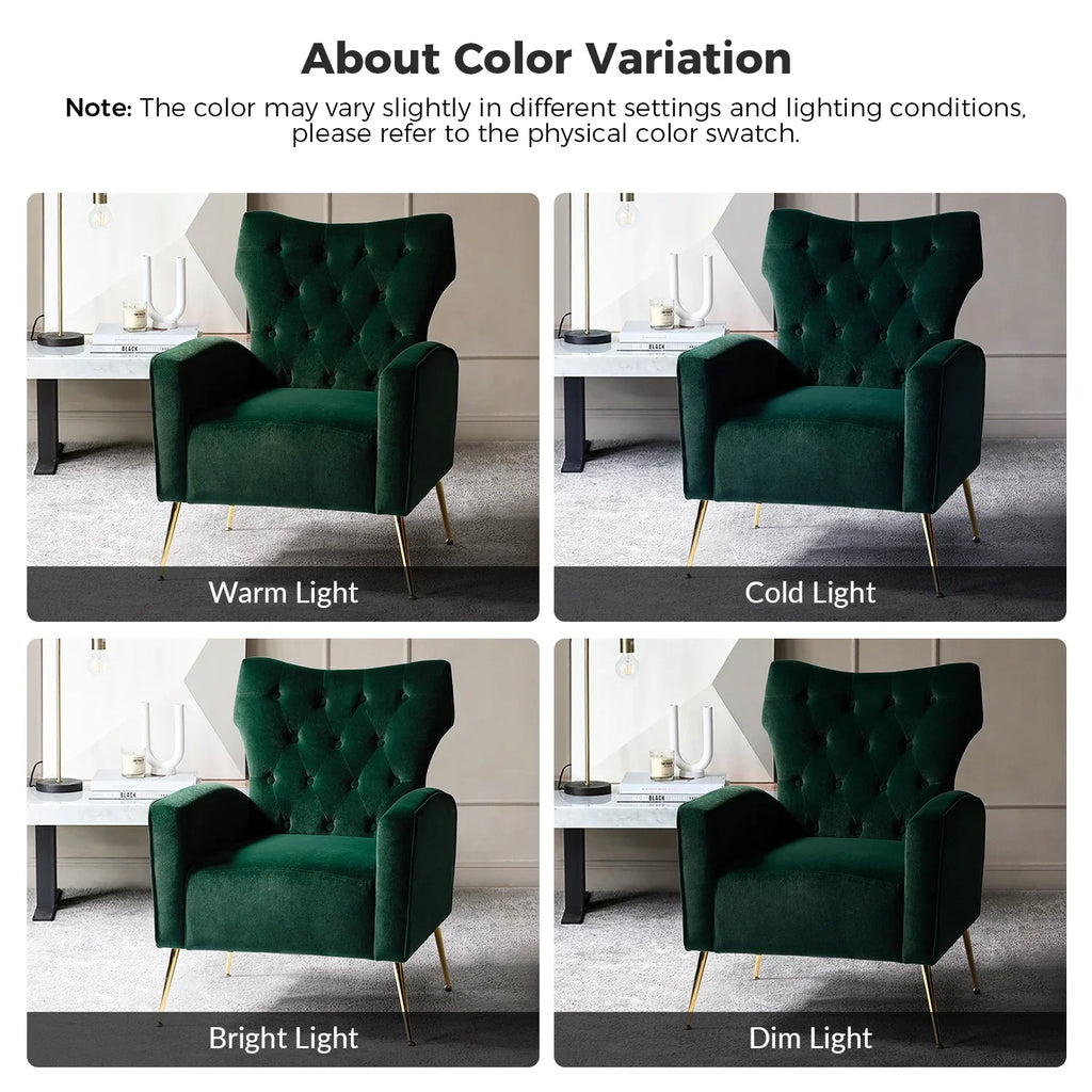 Modern Velvet Accent Chair Upholstered Sofa Armchair Button Tufted Metal Legs Adult Bedroom Home Living Room Grey