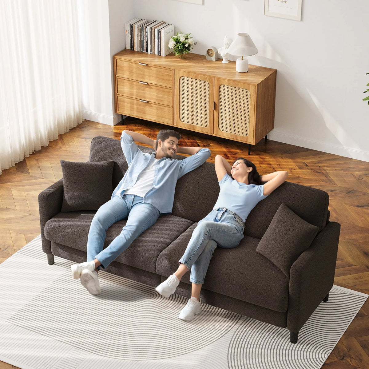 83" Comfortable Upholstered Sofa, 3 Seater Couch for Living Room, Neche Big Loveseat with Extra Deep Seats, 2 Pillows, Beige White