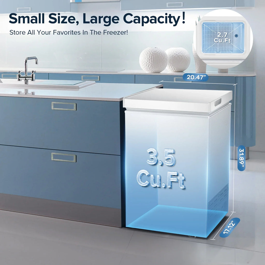 Auseo Mini Freezer Chest 3.5 cu ft, Black Deep Freezer & Side Handle, Compact Freezer with 7 Gear Adjustable Temperature, Removable Storage Basket*2, Energy Saving