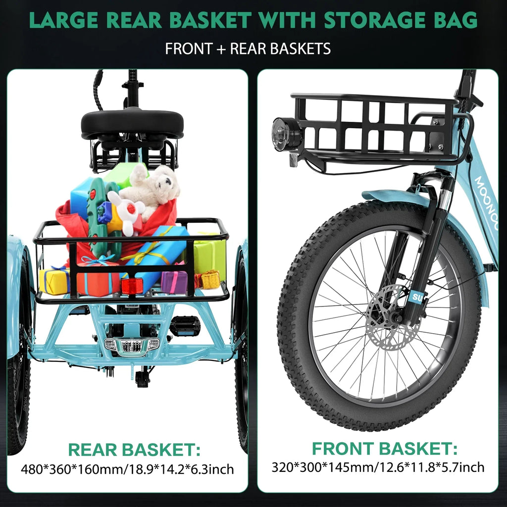 MOONCOOL TK1 Folding Electric Tricycle for Adults,48V 14.5Ah Removable battery, 500W"Peak 1000w"Motor, 20" Fat Tire Step-Thru 3Wheel Electric Bicycle w/Front&Rear Baskets, Certified to UL 2849 by SGS